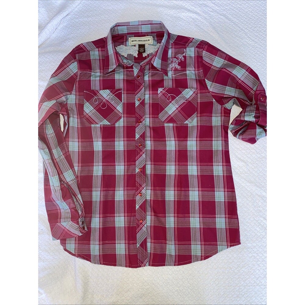 Bit & Bridle Western Plaid Snap Shirt Women’s Large Red Teal Floral Embroidery